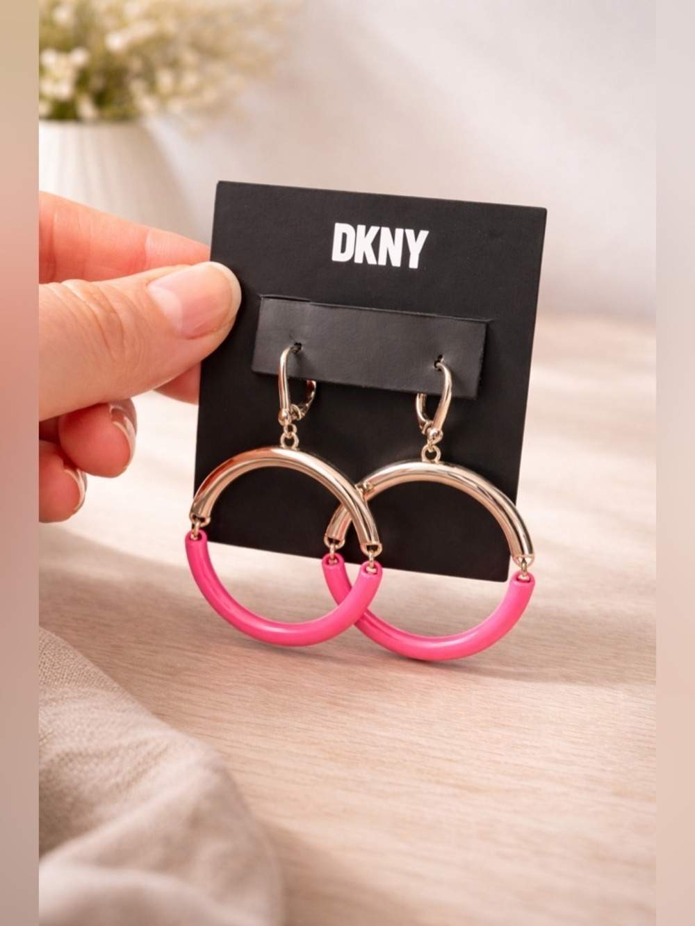 NWT DKNY Pink & Gold Tone Hoop Earrings • Flexible Fold Design Modern Statement